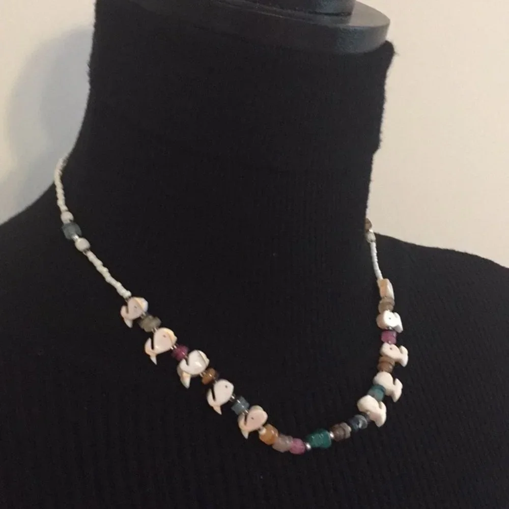 Vtg Mother Pearls Stone Dolphins Necklace